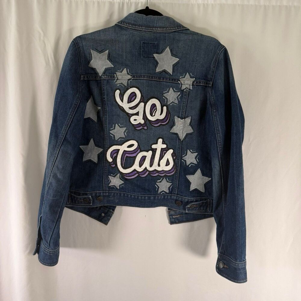 K State Wildcats Old Navy Denim Jacket Women's Large Medium Wash Hand Painted